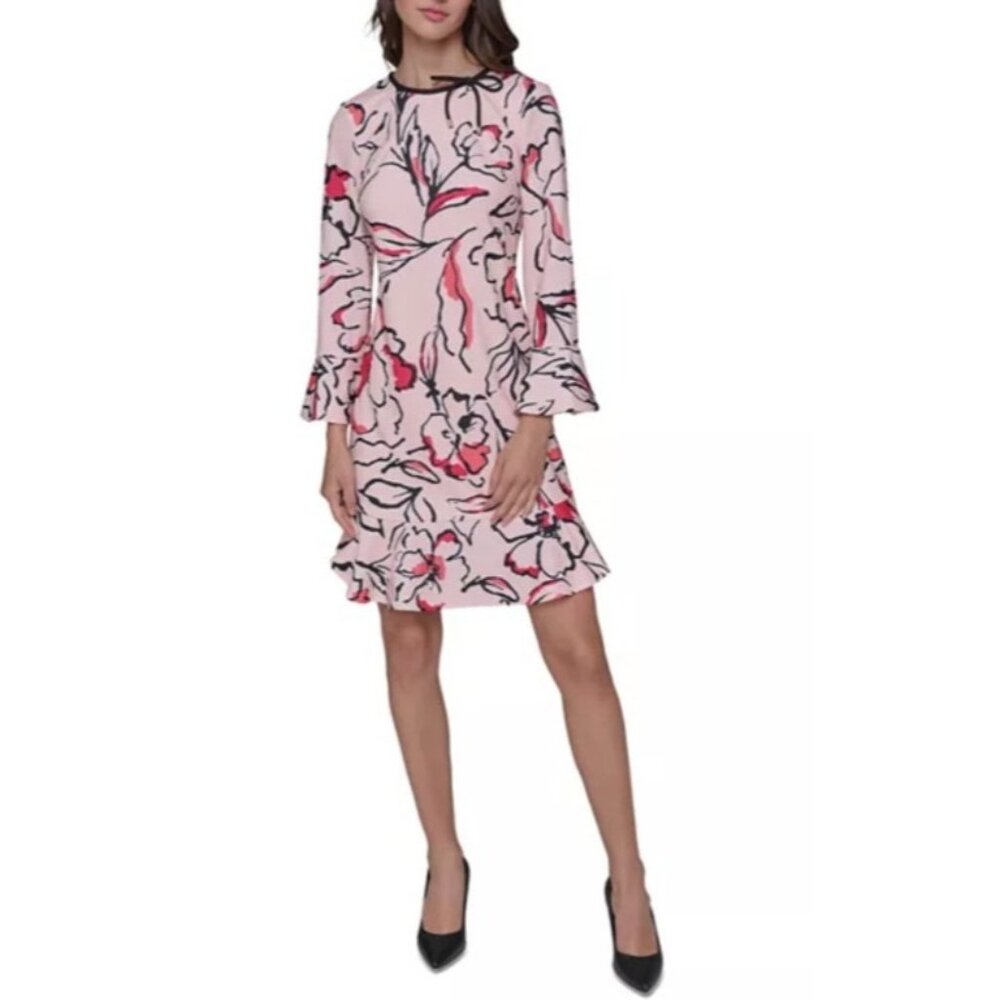 Karl Lagerfeld Paris Floral Tie Neck Ruffle Hem Dress Long Sleeve Size 6